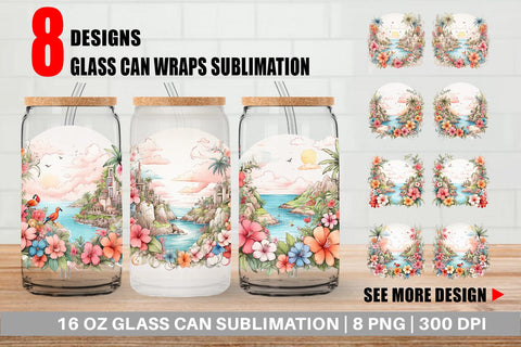 Glass Can Watercolor Paradise Sublimation artnoy 