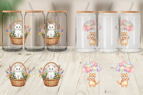 Glass Can Watercolor Pastel Garden Cat Celebration Sublimation artnoy 