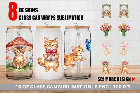 Glass Can Watercolor Pastel Garden Cat Celebration Sublimation artnoy 