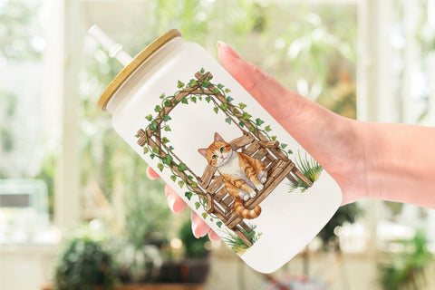 Glass Can Watercolor Pastel Garden Cat Celebration Sublimation artnoy 