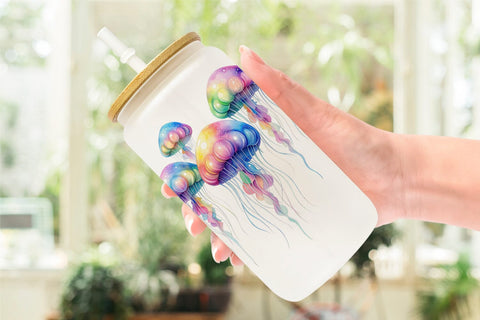 Glass Can Watercolor Pastel Jellyfish Lace Ribbon Sublimation artnoy 