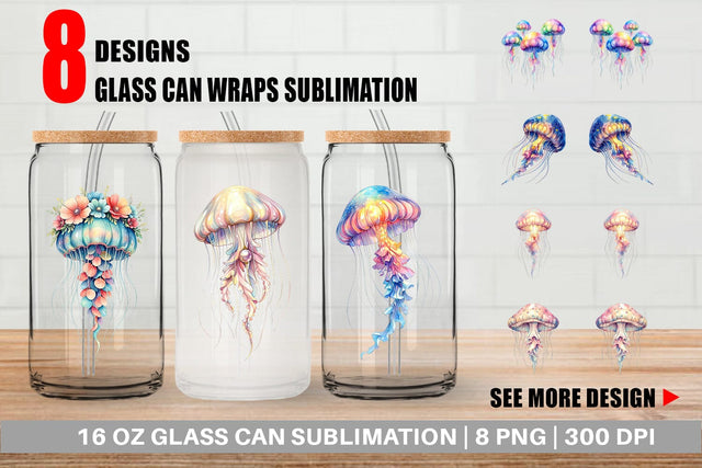 Glass Can Watercolor Pastel Jellyfish Lace Ribbon Sublimation artnoy 