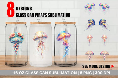 Glass Can Watercolor Pastel Jellyfish Lace Ribbon Sublimation artnoy 
