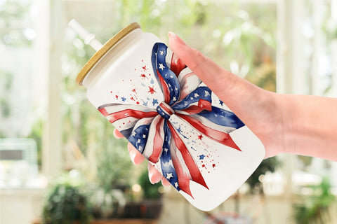 Glass Can Watercolor Patriotic Bow Sublimation artnoy 