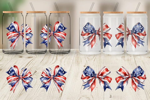 Glass Can Watercolor Patriotic Bow Sublimation artnoy 