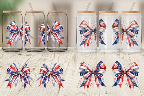 Glass Can Watercolor Patriotic Bow Sublimation artnoy 