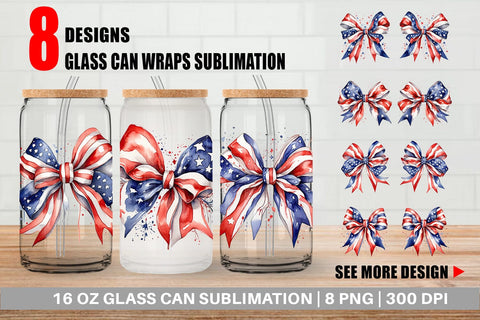 Glass Can Watercolor Patriotic Bow Sublimation artnoy 