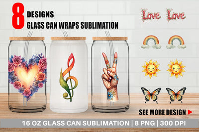 Glass Can Watercolor Peace & Petals 70s Symbols & Icons Sublimation artnoy 