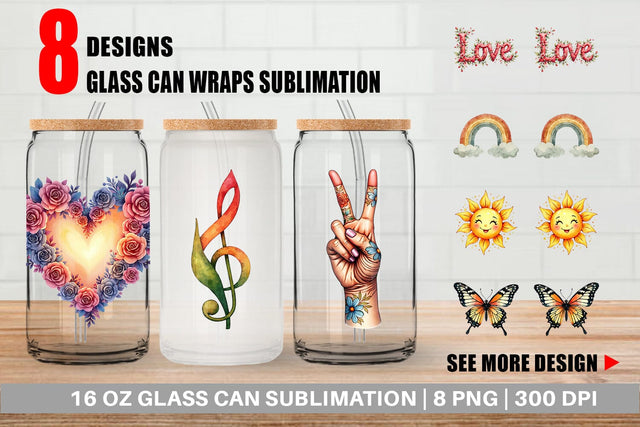 Glass Can Watercolor Peace & Petals 70s Symbols & Icons Sublimation artnoy 