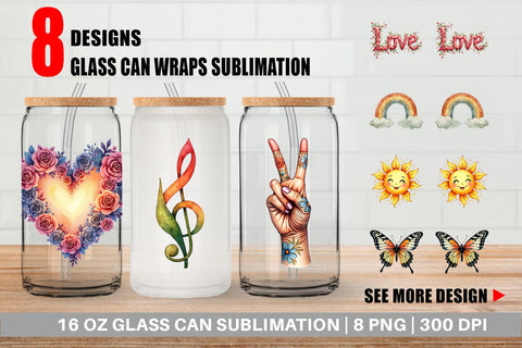 Glass Can Watercolor Peace & Petals 70s Symbols & Icons Sublimation artnoy 