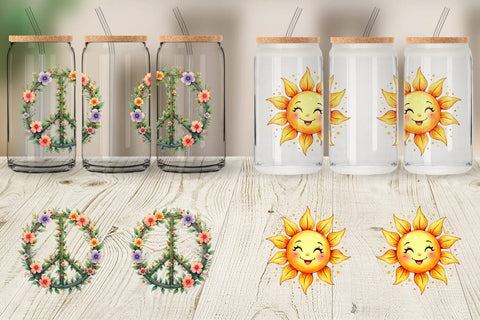 Glass Can Watercolor Peace & Petals 70s Symbols & Icons Sublimation artnoy 