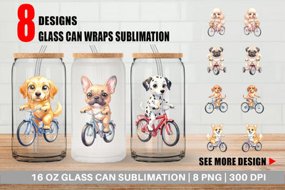 Glass Can Watercolor Puppy Eye Dogs on Bicycle Sublimation artnoy 