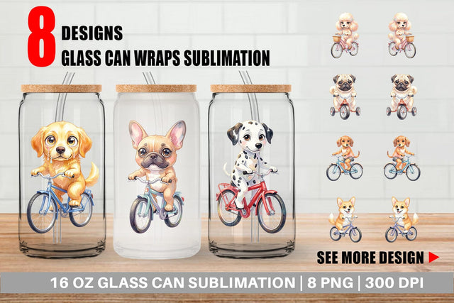 Glass Can Watercolor Puppy Eye Dogs on Bicycle Sublimation artnoy 