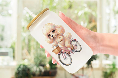 Glass Can Watercolor Puppy Eye Dogs on Bicycle Sublimation artnoy 