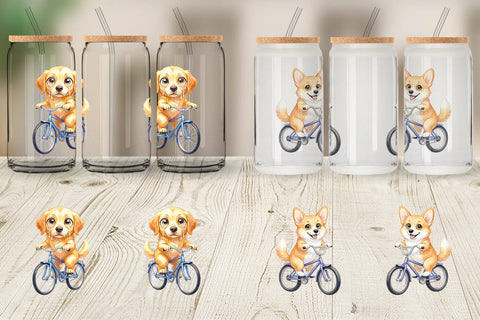 Glass Can Watercolor Puppy Eye Dogs on Bicycle Sublimation artnoy 