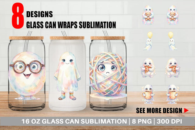 Glass Can Watercolor Quirky Ugly Cute Ghost Art Sublimation artnoy 
