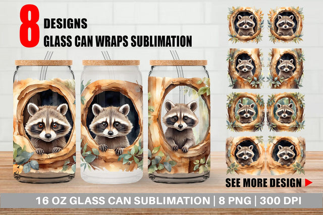 Glass Can Watercolor Raccoon Sublimation artnoy 