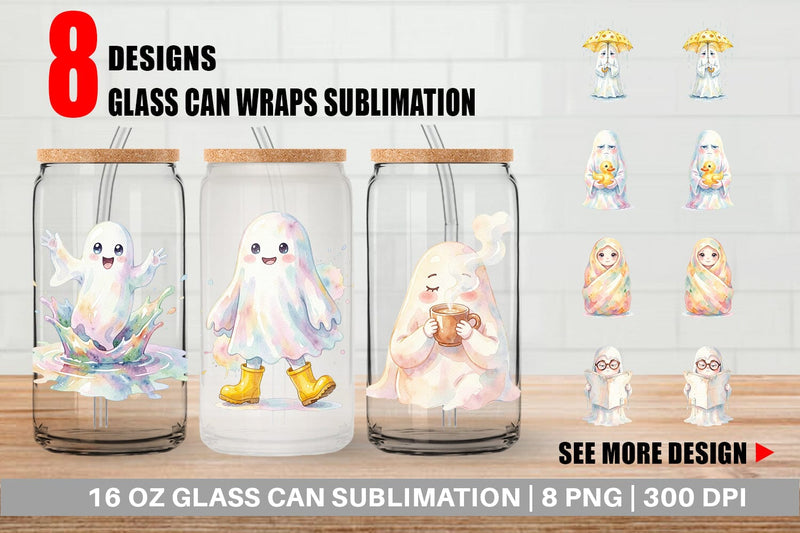 Glass Can Watercolor Rainy Day Ugly Cute Ghost Sublimation artnoy 