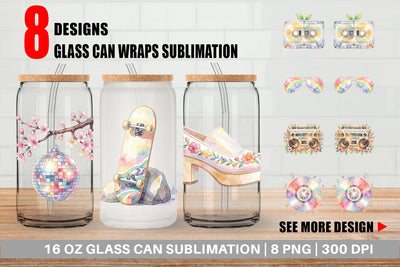 Glass Can Watercolor Retro 70s Roller Disco Art Sublimation artnoy 