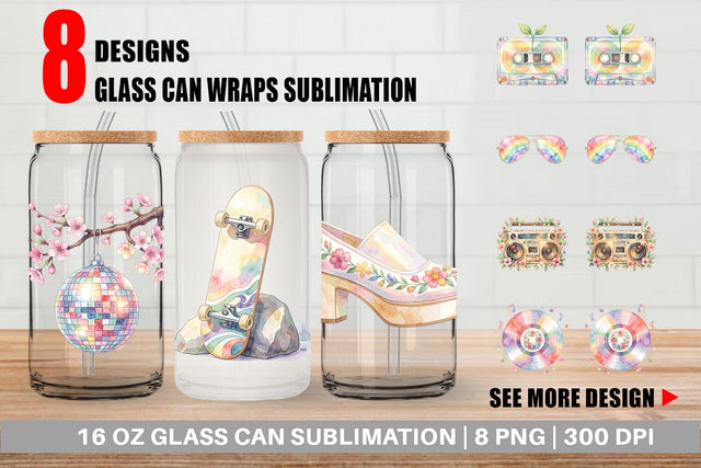 Glass Can Watercolor Retro 70s Roller Disco Art Sublimation artnoy 