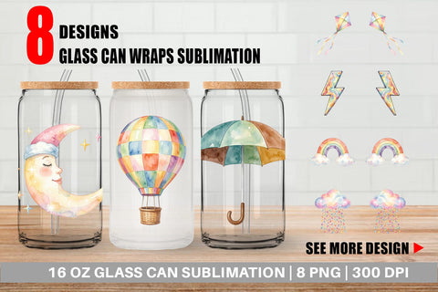 Glass Can Watercolor Retro 70s Sun And Celestial Sublimation artnoy 