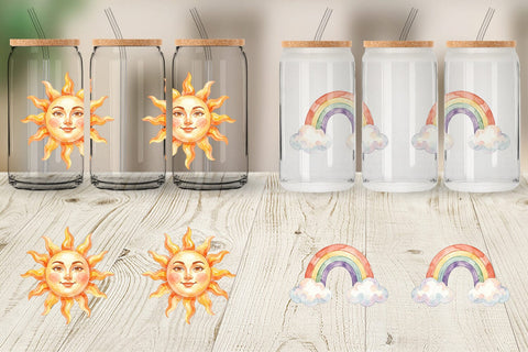 Glass Can Watercolor Retro 70s Sun And Celestial Sublimation artnoy 