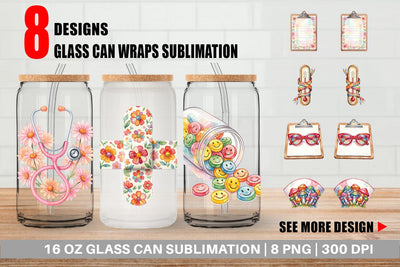 Glass Can Watercolor Retro Groovy Nurse Tools Sublimation artnoy 