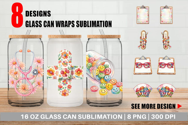 Glass Can Watercolor Retro Groovy Nurse Tools Sublimation artnoy 