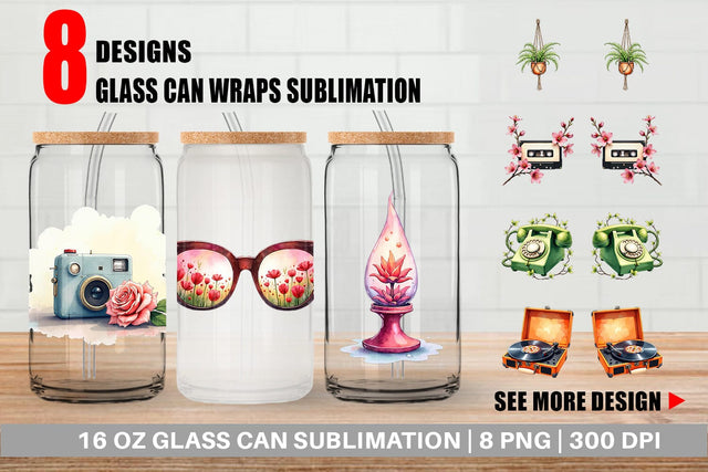 Glass Can Watercolor Retro Picnic & Pastimes 70s Lifestyle Sublimation artnoy 