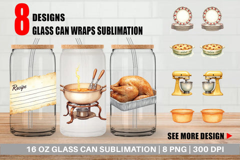 Glass Can Watercolor Retro Thanksgiving Prep Sublimation artnoy 