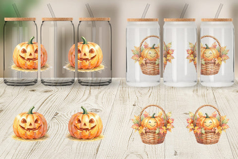 Glass Can Watercolor Rustic Autumn Harvest Pumpkin Sublimation artnoy 