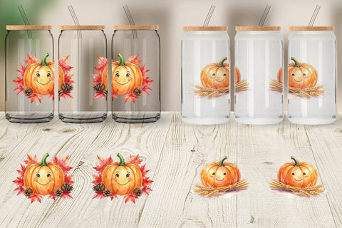 Glass Can Watercolor Rustic Autumn Harvest Pumpkin Sublimation artnoy 