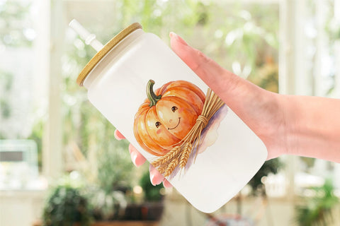 Glass Can Watercolor Rustic Autumn Harvest Pumpkin Sublimation artnoy 