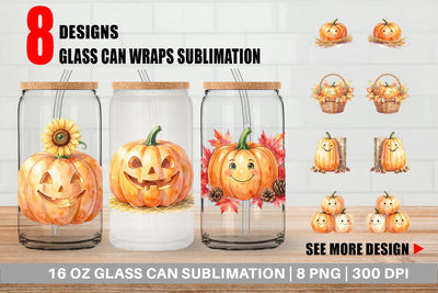 Glass Can Watercolor Rustic Autumn Harvest Pumpkin Sublimation artnoy 