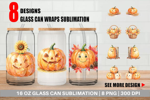 Glass Can Watercolor Rustic Autumn Harvest Pumpkin Sublimation artnoy 