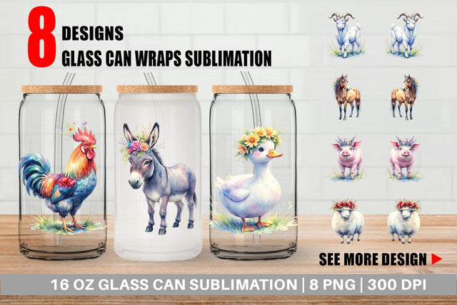 Glass Can Watercolor Rustic Flower Crown Animal Sublimation artnoy 