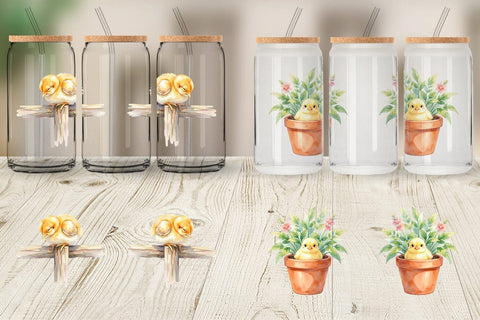 Glass Can Watercolor Rustic Garden Easter Chicks Sublimation artnoy 