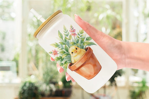 Glass Can Watercolor Rustic Garden Easter Chicks Sublimation artnoy 