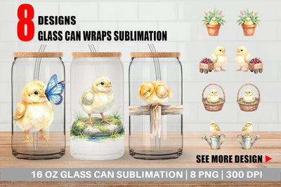 Glass Can Watercolor Rustic Garden Easter Chicks Sublimation artnoy 