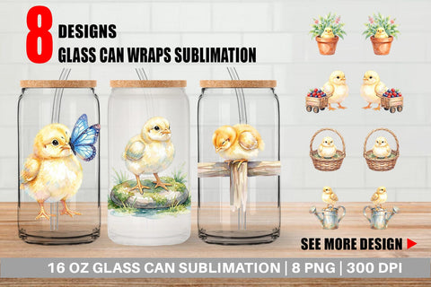 Glass Can Watercolor Rustic Garden Easter Chicks Sublimation artnoy 