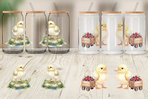 Glass Can Watercolor Rustic Garden Easter Chicks Sublimation artnoy 