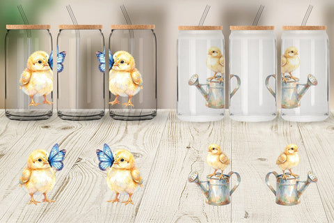 Glass Can Watercolor Rustic Garden Easter Chicks Sublimation artnoy 