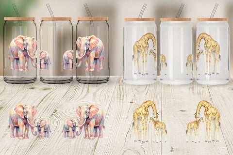 Glass Can Watercolor Safari Mom And Baby Animal Sublimation artnoy 