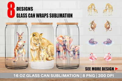 Glass Can Watercolor Safari Mom And Baby Animal Sublimation artnoy 