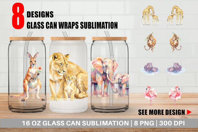 Glass Can Watercolor Safari Mom And Baby Animal Sublimation artnoy 