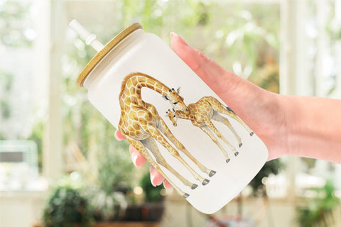 Glass Can Watercolor Safari Mom And Baby Animal Sublimation artnoy 