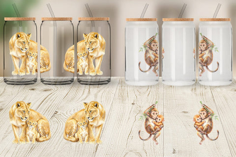 Glass Can Watercolor Safari Mom And Baby Animal Sublimation artnoy 