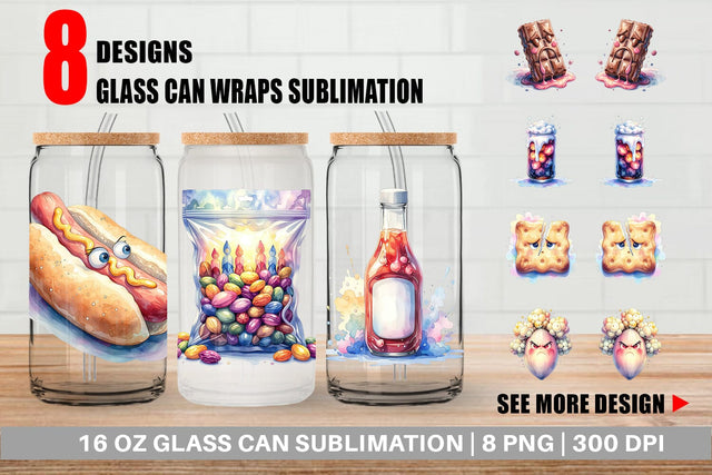 Glass Can Watercolor Sarcastic Camp Food Snacks Sublimation artnoy 