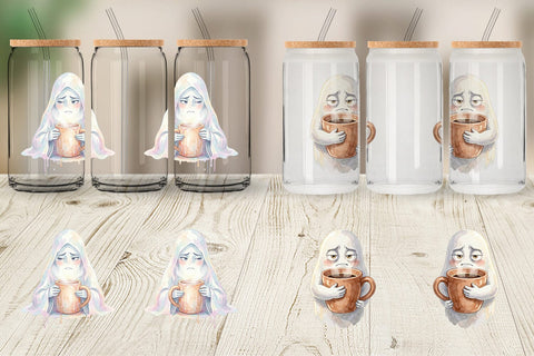 Glass Can Watercolor Sarcastic Morning Coffee Ghost Sublimation artnoy 