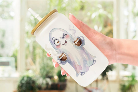 Glass Can Watercolor Sarcastic Morning Coffee Ghost Sublimation artnoy 